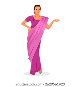 Indian woman wearing a pink sari, standing and making a hand gesture, flat graphic style, white background. Concept of traditional attire. Vector illustration
