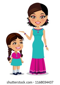 An Indian woman wearing a Salwar kameez dress is standing next to her little daughter