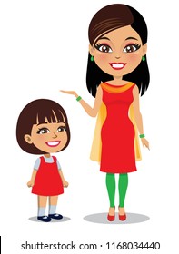 An Indian woman wearing a Salwar kameez dress is standing next to her little daughter