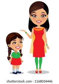 An Indian woman wearing a Salwar kameez dress is standing next to her little daughter