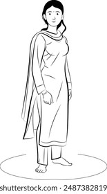 Indian woman wearing salwar kameez, Hand drawn in thin line style