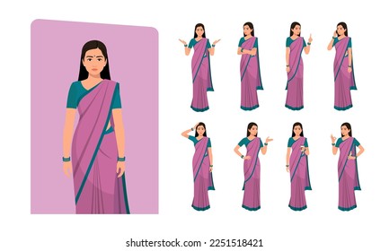 Indian Woman Wearing Saree, Character Different poses and emotions