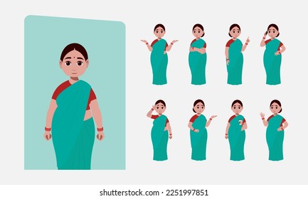 Indian Woman Wearing Saree, Character Different poses and emotions