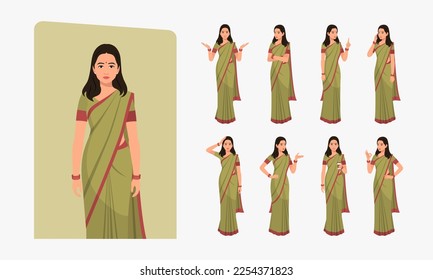 Indian Woman Wearing Saree, Character Different poses and emotions