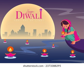 Indian Woman Wearing Saree Holding Diya Lamp Beside the River Celebrating Diwali Night Festival