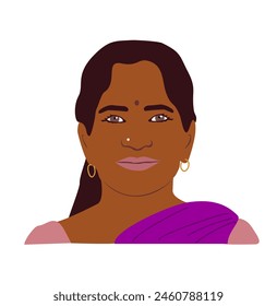 Indian woman wearing  traditional clothes, saree, face portrait avatar. Attractive dark skin lady, cartoon female character. Flat colorful vector illustration isolated on white background. Not AI 