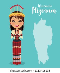 Indian woman wearing a traditional dress from the north east state of Mizoram in namaste pose in front of a map of Mizoram