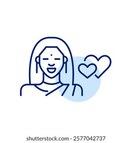 Indian woman wearing traditional dress and hearts intertwined. Wedding and romance. Pixel perfect, editable stroke icon