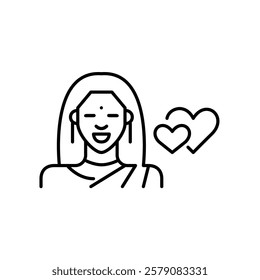 Indian woman wearing traditional dress and hearts intertwined. Wedding and romance. Pixel perfect, editable stroke icon