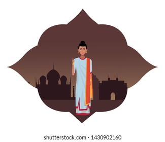 indian woman wearing traditional hindu clothes woman with sari and jewelry with taj mahal indian monument silhouette into arabic shape frame Vector de stock