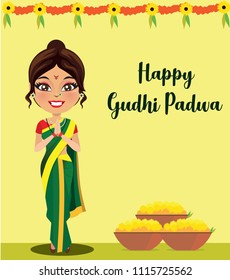 An Indian woman wearing a traditional nine yard saree from the state of Maharashtra giving wishes for gudhi padwa festival