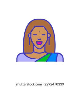 Mujer india usando sari tradicional. Estilo de dibujos animados de color negrita icono simplista minimalista para marketing y marca