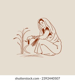 Indian woman working in farm field vector, hand-drawn illustration