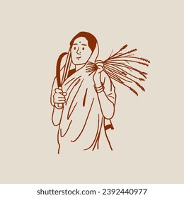 Indian woman working in farm field vector, hand-drawn illustration