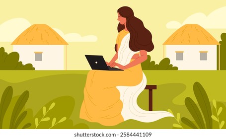 Indian woman working with laptop in farm rural landscape with village houses and green lawn. Young businesswoman with long hair and traditional sari sitting on chair typing cartoon vector illustration