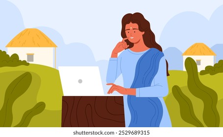 Indian woman working with laptop in village landscape. Young lady in traditional blue dress sitting at table to work or study online, freelancer businesswoman at workplace cartoon vector illustration