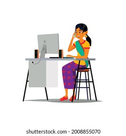 indian woman writing on computer and talking with friend on mobile phone cartoon vector