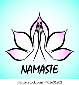 Indian womans hand greeting posture of namaste inside of lotus flower