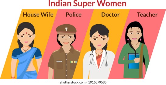 Indian Women By Different Profession Cartoon Characters In Uniform, Occupations Avatars Flat, Indian People Vector Illustration
