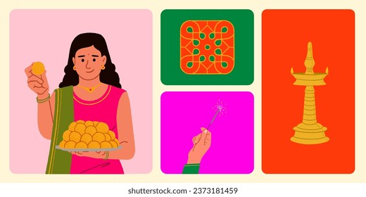 Indian women celebrating the Diwali festival and traditional elements of vector illustration for digital banners, Social media post and poster graphic template. 