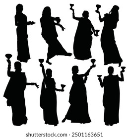 Indian women Celebrating Durga puja silhouette by dancing Dhunuchi, Hindu festivals silhouette. Bengali girl holding prosad or Dhunuchi for Pooja, Dhanteras, Dhunuchi mandir dance.