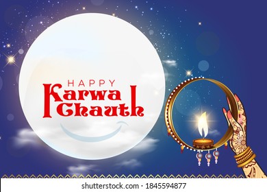Indian women celebrating Karva Chauth Festival, typography, luxury decoration, pooja thali, light lamp, sky and moon worship background.
