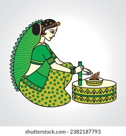 Indische Frauen Chakki Lupe, Skizze einer indischen Frau. Indian Grain Milling Illustration. 