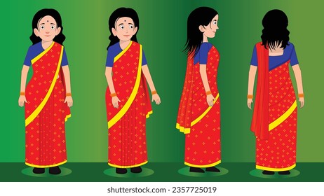 Indische Frauenfigur für Story Animation. Indische Frauen tragen Saree, Charakterfront, Side View und Explainer Animation Poses. Indischer Cartoon-Charakter. Lady