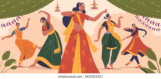 Las Mujeres Indias Bailan Con Movimientos Elegantes, Gestos Expresivos Y Disfraces Vibrantes. Bharatanatyam O Kathak