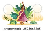 Indian women dance Young girl in purple dress dances. Culture and traditions of India. Hobby and leisure. Person with active lifestyle. Traditional asian clothes. Flat vector illustration