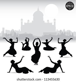Indian women dancing In front of Taj mahal, Vector, Illustrator