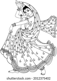 Indian Women Dancing On Indian Traditional Song In Traditional Dress, Black And White Line Drawing Clip Art Illustration. Indian Wedding Clip Art Bride Dance Vector Illustration. 