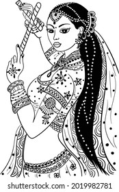 Indian women dancing on Indian traditional song in traditional dress, black and white line drawing clip art illustration. Indian wedding clip art bride dance vector illustration. 