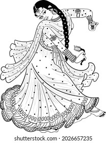 Indian women dancing on Indian traditional song in traditional dress, black and white line drawing clip art illustration. Indian wedding clip art bride dance vector illustration. 