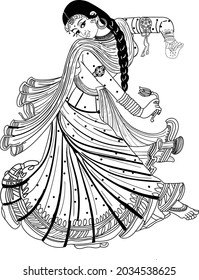 Indian Women Dancing On Indian Traditional Song In Traditional Dress, Black And White Line Drawing Clip Art Illustration. Indian Wedding Clip Art Bride Dance Vector Illustration. 