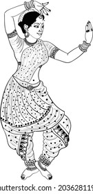 Indian women dancing on Indian traditional song in traditional dress, black and white line drawing clip art illustration. Indian wedding clip art bride dance vector illustration. 