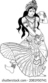 Indian women dancing on Indian traditional song in traditional dress, black and white line drawing clip art illustration. Indian wedding clip art bride dance vector illustration. 