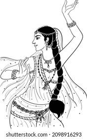 Indian Women Dancing On Indian Traditional Song In Traditional Dress, Black And White Line Drawing Clip Art Illustration. Indian Wedding Clip Art Bride Dance Vector Illustration. 