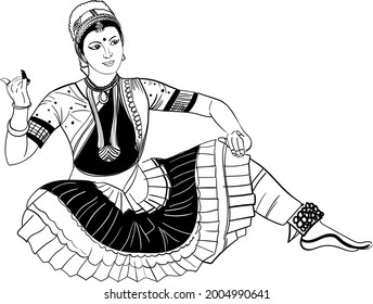 INDIAN WOMEN DANCING TRADITIONAL INDIAN DANCE KATTHAK VECTOR LINE ART DRAWING BLACK AND WHITE CLIP ART ILLUSTRATION