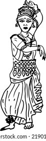 Indian Women Doing Bharatanatyam Dance Line Art Vector, Sketch Drawing Of Indian Woman Doing Traditional Dance, Indian Girl Dancing Pose Silhouette