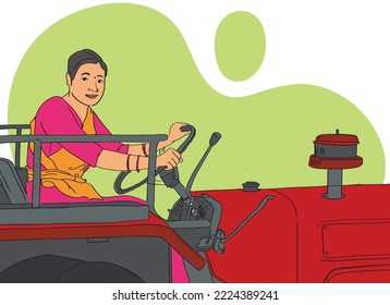 indian women farmer driving tractor and trailer through agriculture field. indian women on truck. tractor driver