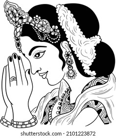 Indian women girl welcoming people with her two hands vector illustration clipart. Indian wedding clipart girl swagatam (welcoming) people. Women welcome with flower people symbol.