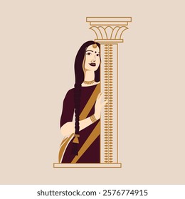 Indian women with gold jewellery standing near a pillar in a traditional dress illustration