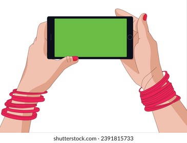 Indian women Hands holding a smartphone. Bangles on hand.Watching  on mobile phone screen. Green mobile screen. Realistic hand holding mobile.