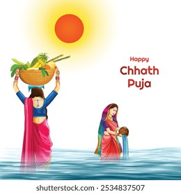 Indian women for happy chhath puja with background and sun