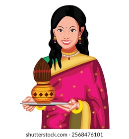 Indian Women Holding Puja Kalash Vector Illustration (Royalty Free)