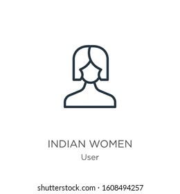 Indian women icon. Thin linear indian women outline icon isolated on white background from user collection. Line vector sign, symbol for web and mobile