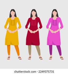 Indian Women Kurti Dress Ethnic Traditional Wear fashion Clothing Illustration Icon Design Vector, Kurta Pajama Dress for Women