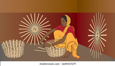 Indian women making hand made basket