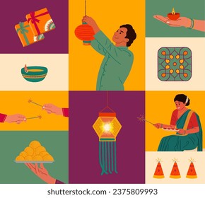 Indian Women and Men in Traditional Dressing, Celebrating Big Diwali Festival with Culture Elements Vector Illustration for digital banner, gift card, social media post, and poster design template.